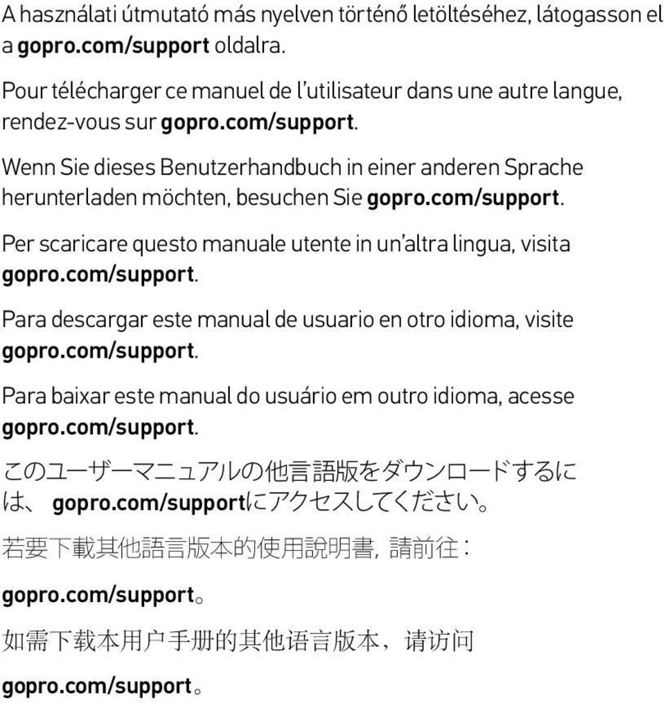 Wenn Sie dieses Benutzerhandbuch in einer anderen Sprache herunterladen möchten, besuchen Sie gopro.com/support. Per scaricare questo manuale utente in un altra lingua, visita gopro.