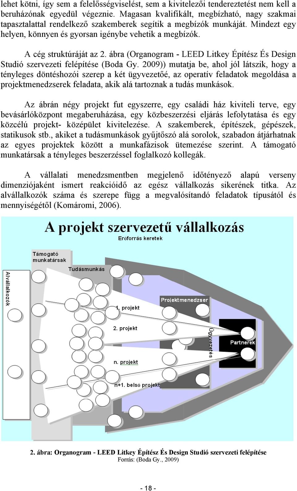 A cég struktúráját az 2. ábra (Organogram - LEED Litkey Építész És Design Studió szervezeti felépítése (Boda Gy.