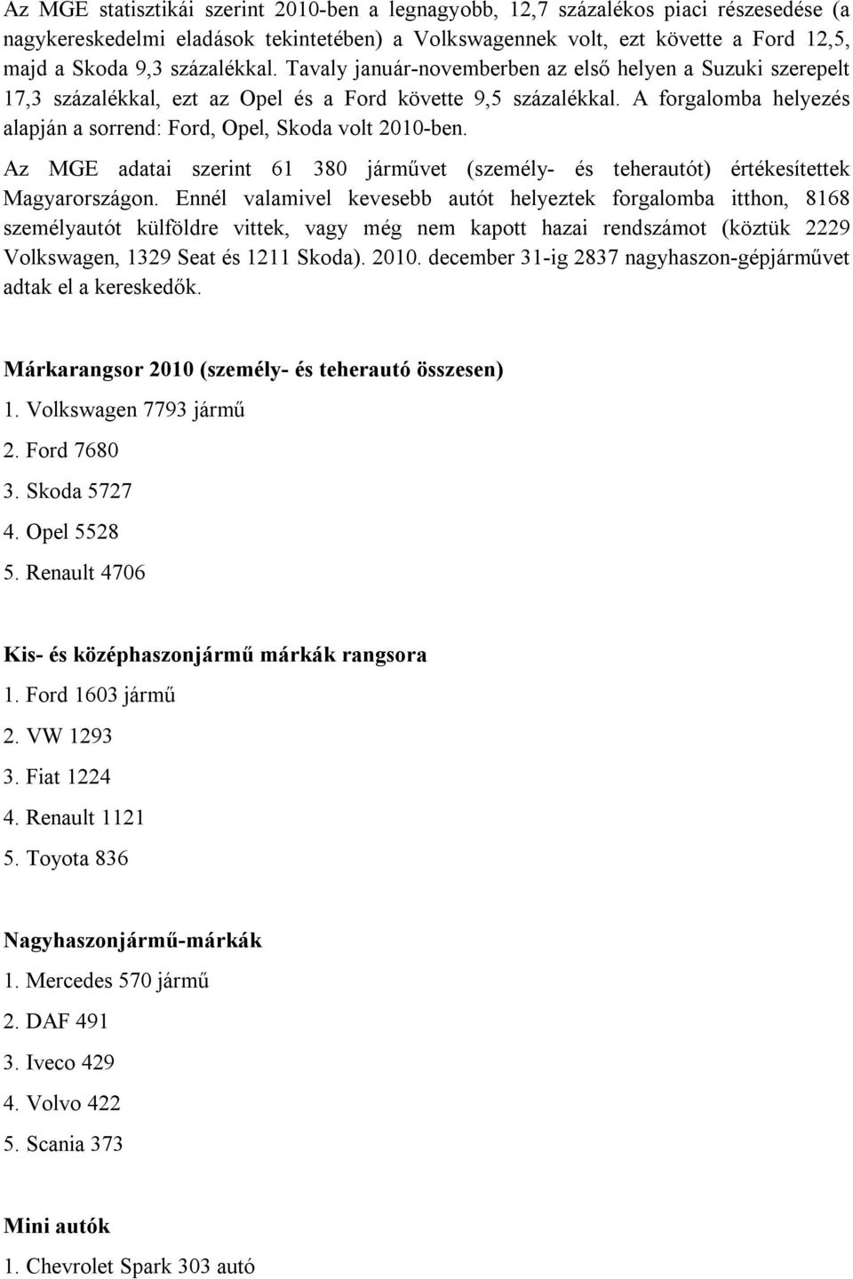 A forgalomba helyezés alapján a sorrend: Ford, Opel, Skoda volt 2010-ben. Az MGE adatai szerint 61 380 járművet (személy- és teherautót) értékesítettek Magyarországon.