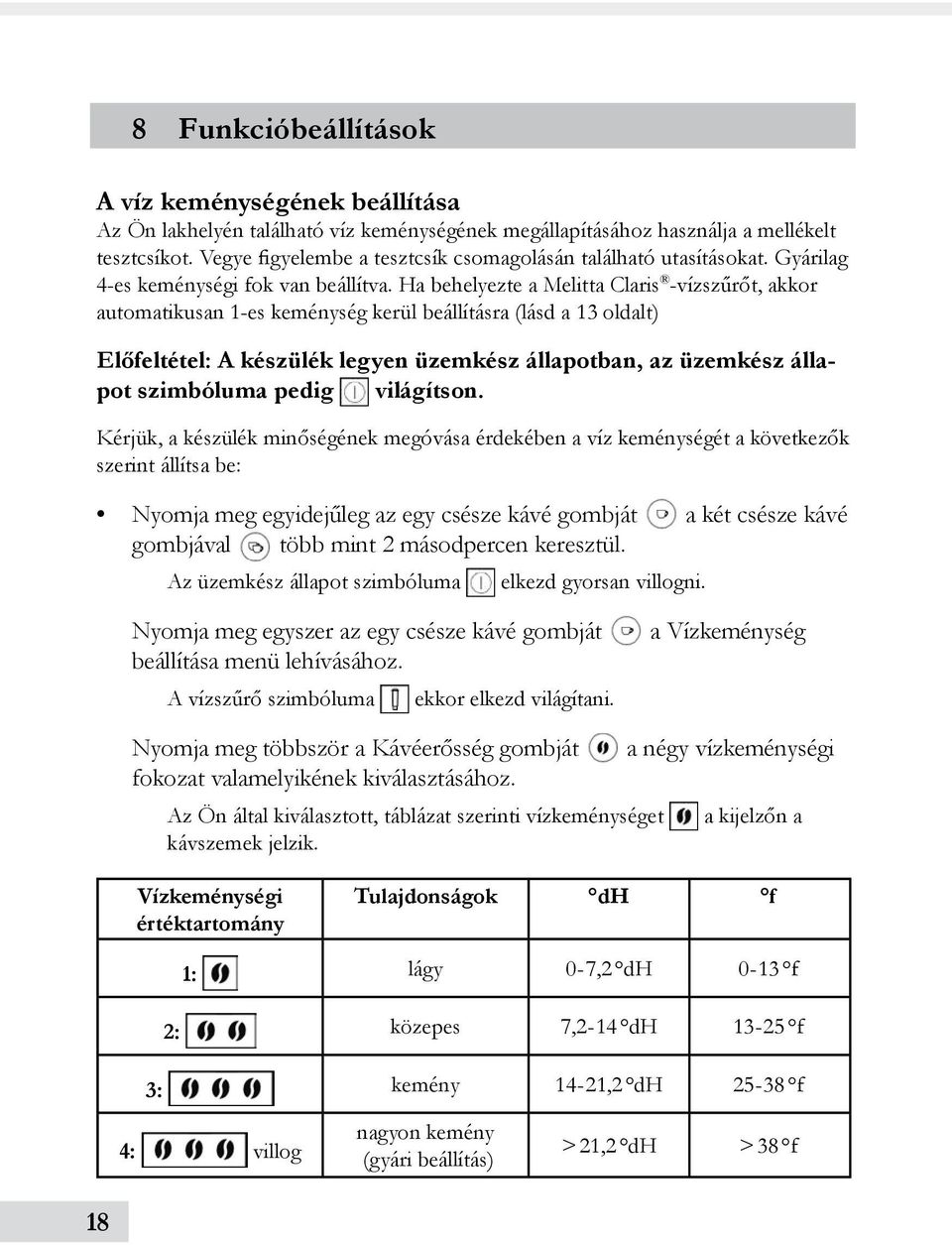 Ha behelyezte a Melitta Claris -vízszűrőt, akkor automatikusan 1-es keménység kerül beállításra (lásd a 13 oldalt) Előfeltétel: A készülék legyen üzemkész állapotban, az üzemkész állapot szimbóluma