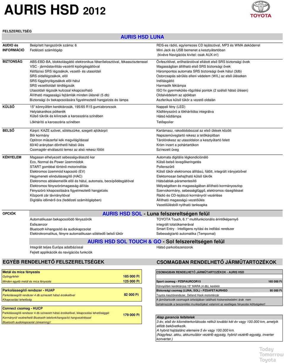 ) BIZTONSÁG ABS-EBD-BA, blokkolásgátló elektronikus fékerőelosztóval, fékasszisztenssel Övfeszítővel, erőhatárolóval ellátott első SRS biztonsági övek VSC - járműstavilitás-vezérlő kipörgésgátlóval