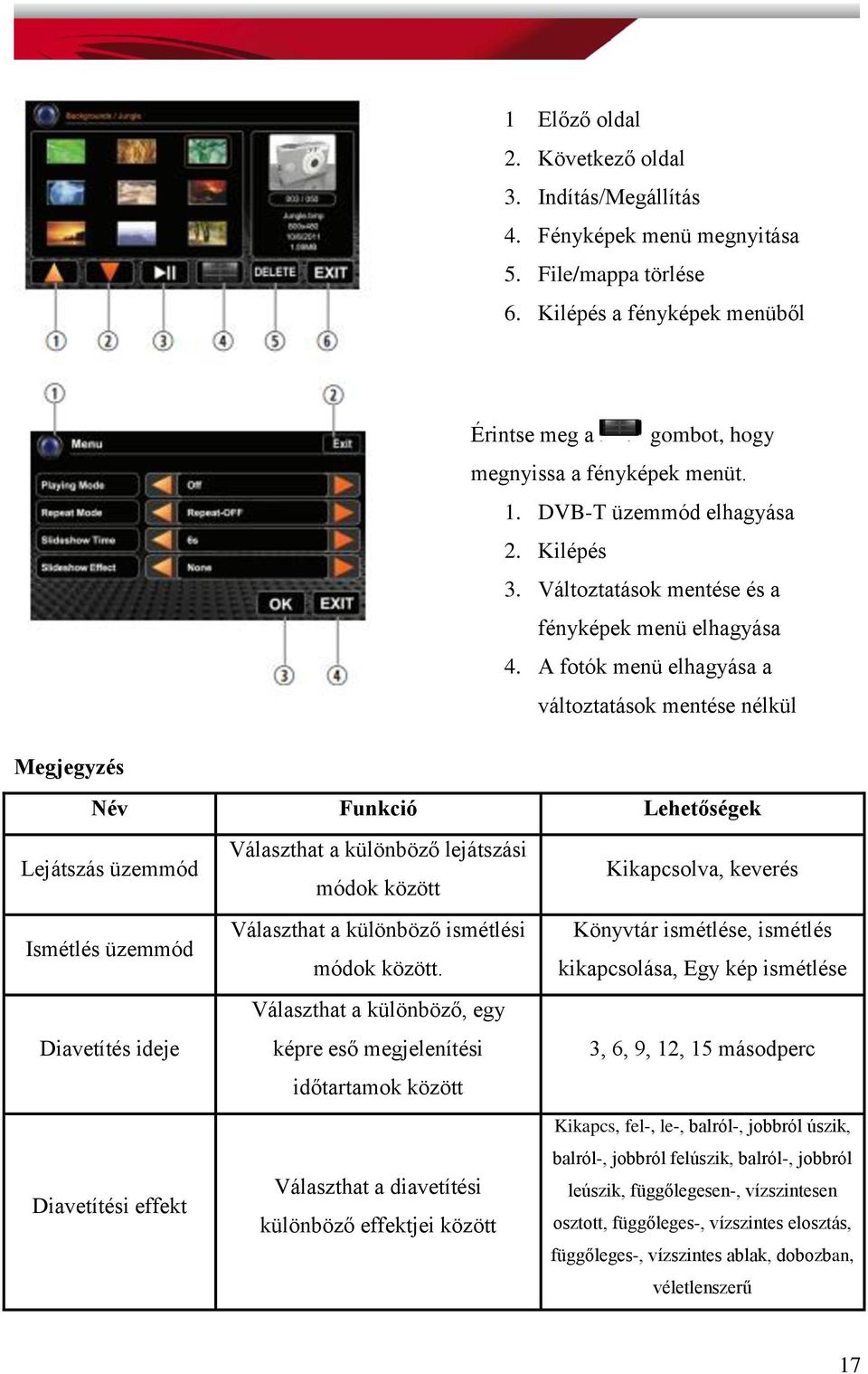 A fotók menü elhagyása a változtatások mentése nélkül Megjegyzés Név Funkció Lehetőségek Lejátszás üzemmód Ismétlés üzemmód Diavetítés ideje Diavetítési effekt Választhat a különböző lejátszási módok