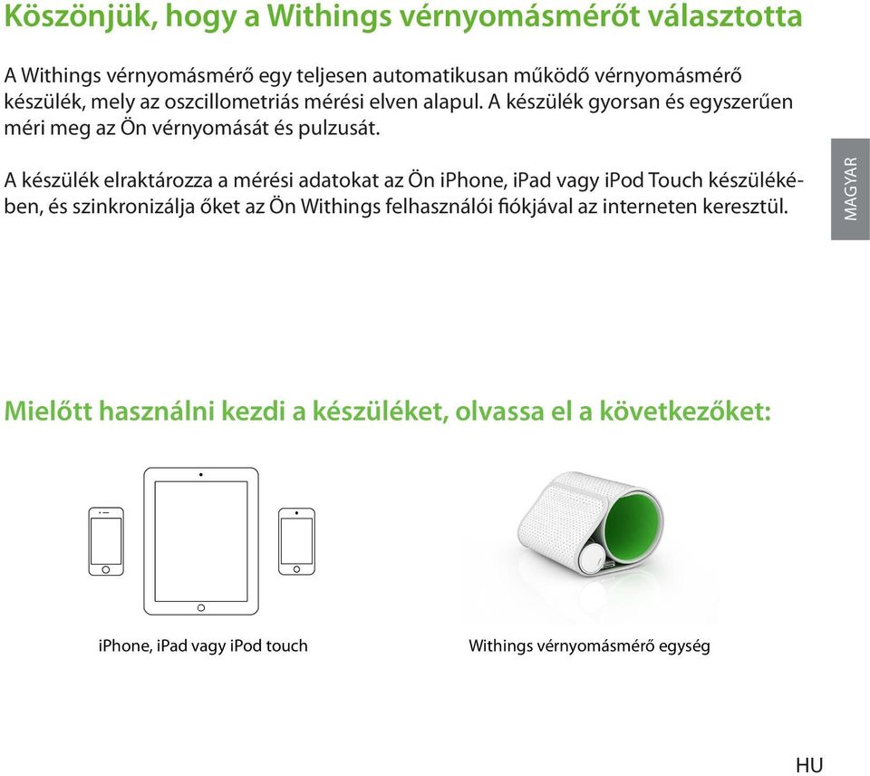 A készülék elraktározza a mérési adatokat az Ön iphone, ipad vagy ipod Touch készülékében, és szinkronizálja őket az Ön Withings