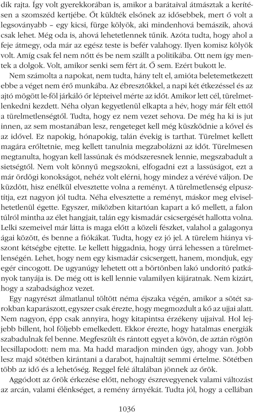 Azóta tudta, hogy ahol a feje átmegy, oda már az egész teste is befér valahogy. Ilyen komisz kölyök volt. Amíg csak fel nem nőtt és be nem szállt a politikába. Ott nem így mentek a dolgok.