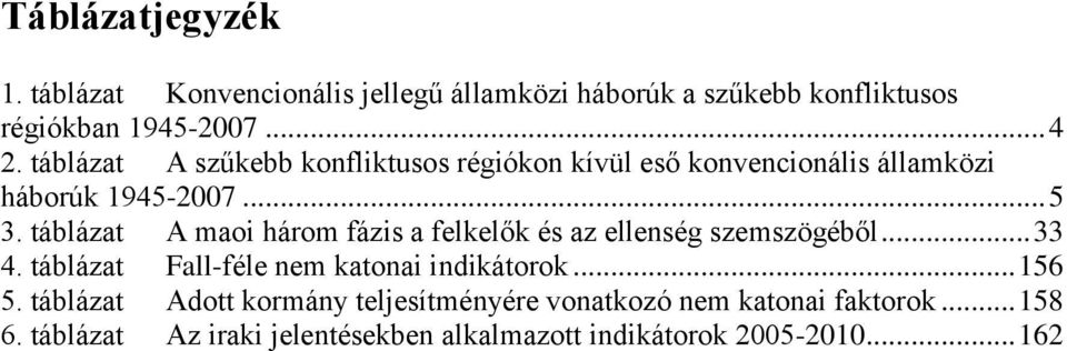 táblázat A maoi három fázis a felkelők és az ellenség szemszögéből... 33 4. táblázat Fall-féle nem katonai indikátorok... 156 5.