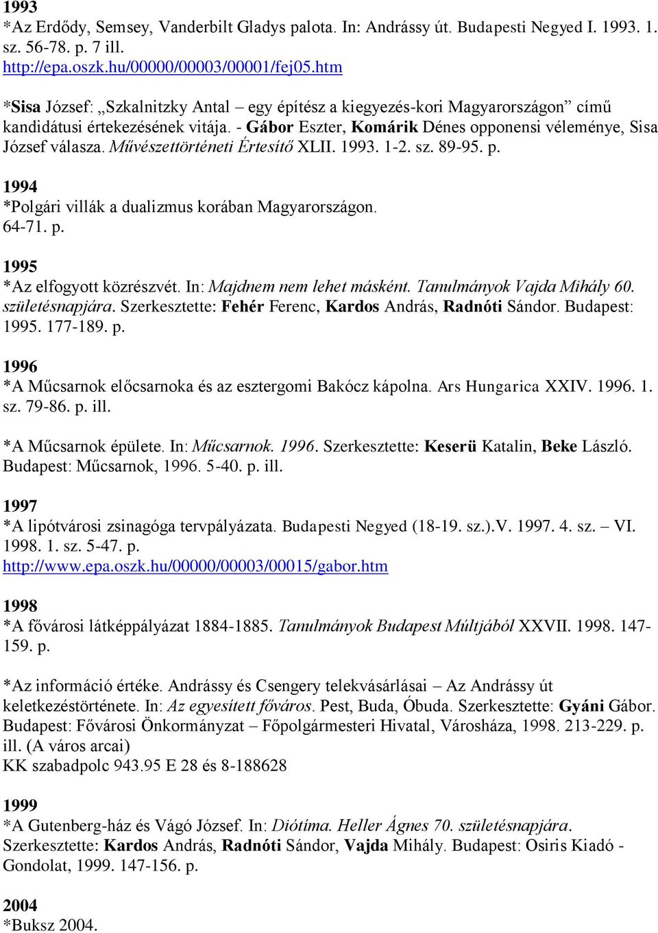 Művészettörténeti Értesítő XLII. 1993. 1-2. sz. 89-95. p. 1994 *Polgári villák a dualizmus korában Magyarországon. 64-71. p. 1995 *Az elfogyott közrészvét. In: Majdnem nem lehet másként.