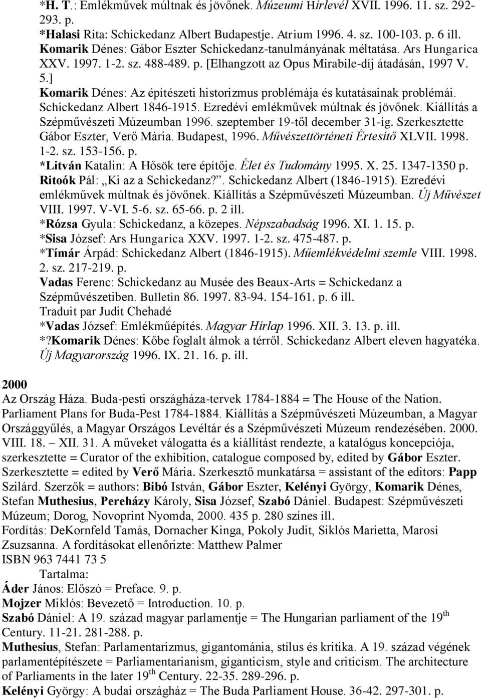 ] Komarik Dénes: Az építészeti historizmus problémája és kutatásainak problémái. Schickedanz Albert 1846-1915. Ezredévi emlékművek múltnak és jövőnek. Kiállítás a Szépművészeti Múzeumban 1996.