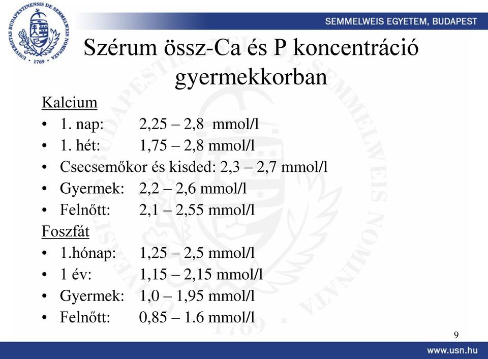 hét: 1,75 2,8 mmol/l Csecsemőkor és kisded: 2,3 2,7 mmol/l Gyermek: 2,2