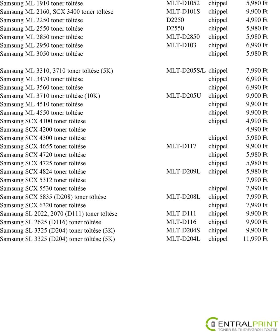 MLT-D205S/L chippel 7,990 Ft Samsung ML 3470 toner töltése chippel 6,990 Ft Samsung ML 3560 toner töltése chippel 6,990 Ft Samsung ML 3710 toner töltése (10K) MLT-D205U chippel 9,900 Ft Samsung ML