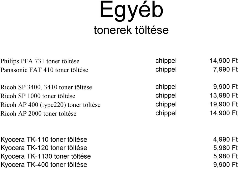 (type220) toner töltése chippel 19,900 Ft Ricoh AP 2000 toner töltése chippel 14,900 Ft Kyocera TK-110 toner