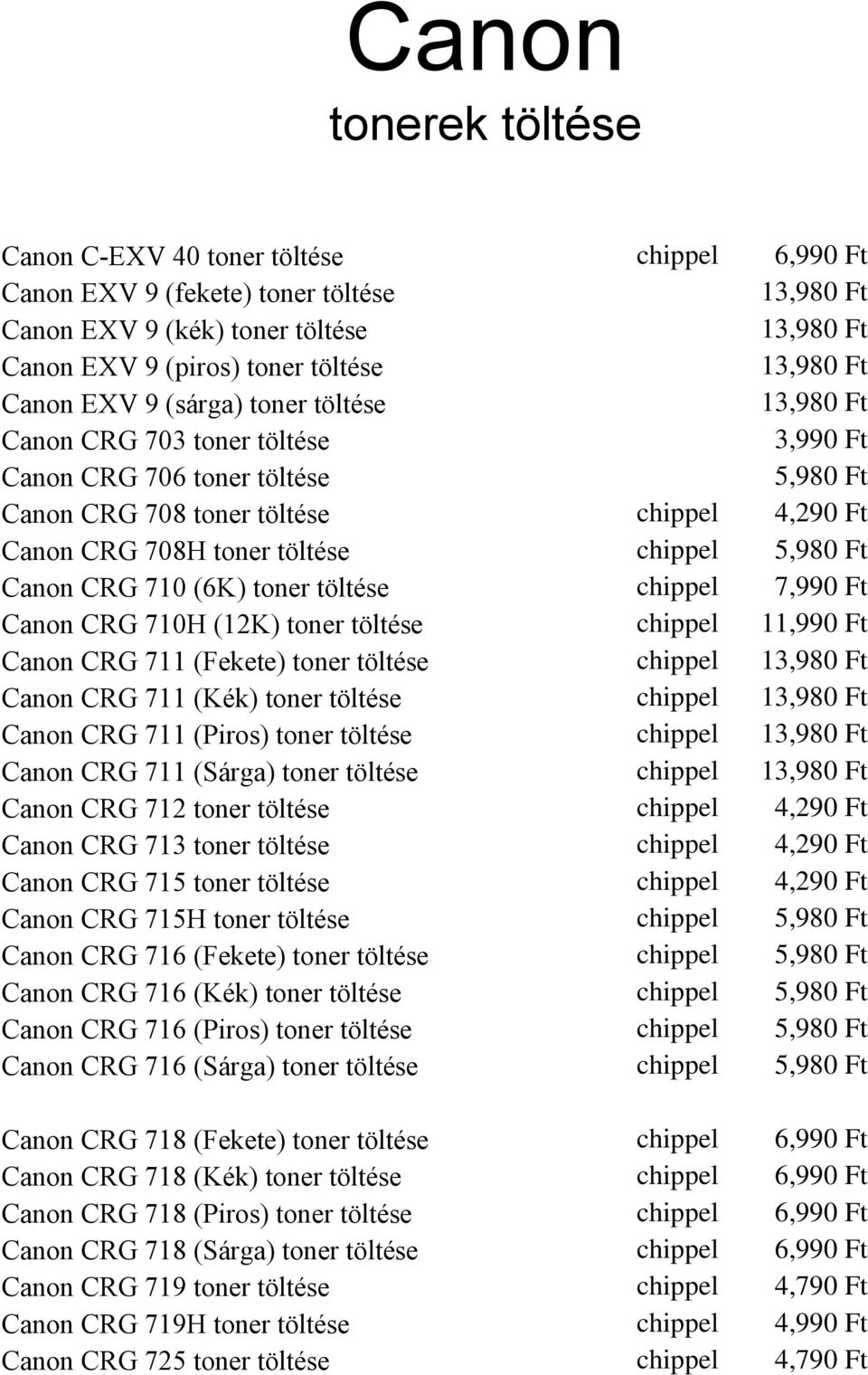 töltése chippel 7,990 Ft Canon CRG 710H (12K) toner töltése chippel 11,990 Ft Canon CRG 711 (Fekete) toner töltése chippel 13,980 Ft Canon CRG 711 (Kék) toner töltése chippel 13,980 Ft Canon CRG 711