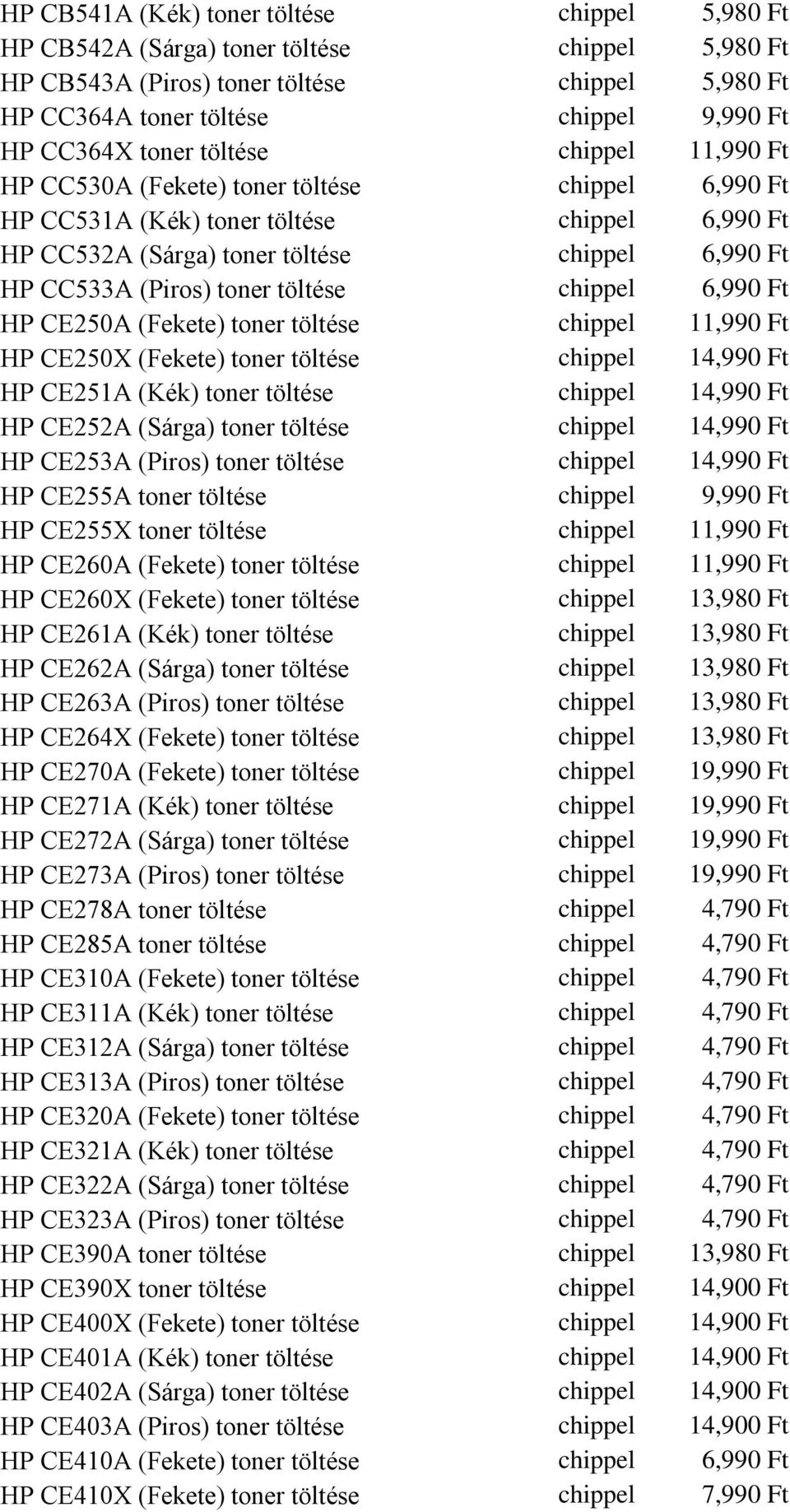 HP CE250A (Fekete) toner töltése chippel 11,990 Ft HP CE250X (Fekete) toner töltése chippel 14,990 Ft HP CE251A (Kék) toner töltése chippel 14,990 Ft HP CE252A (Sárga) toner töltése chippel 14,990 Ft