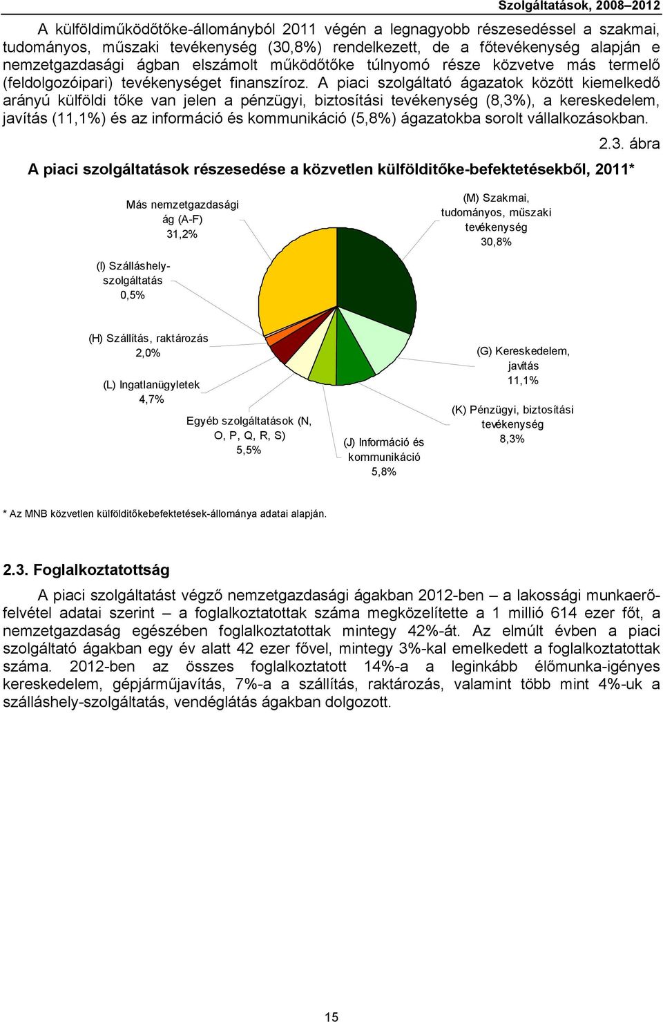 A piaci szolgáltató ágazatok között kiemelkedő arányú külföldi tőke van jelen a pénzügyi, biztosítási tevékenység (8,3%), a kereskedelem, javítás (11,1%) és az információ és kommunikáció (5,8%)