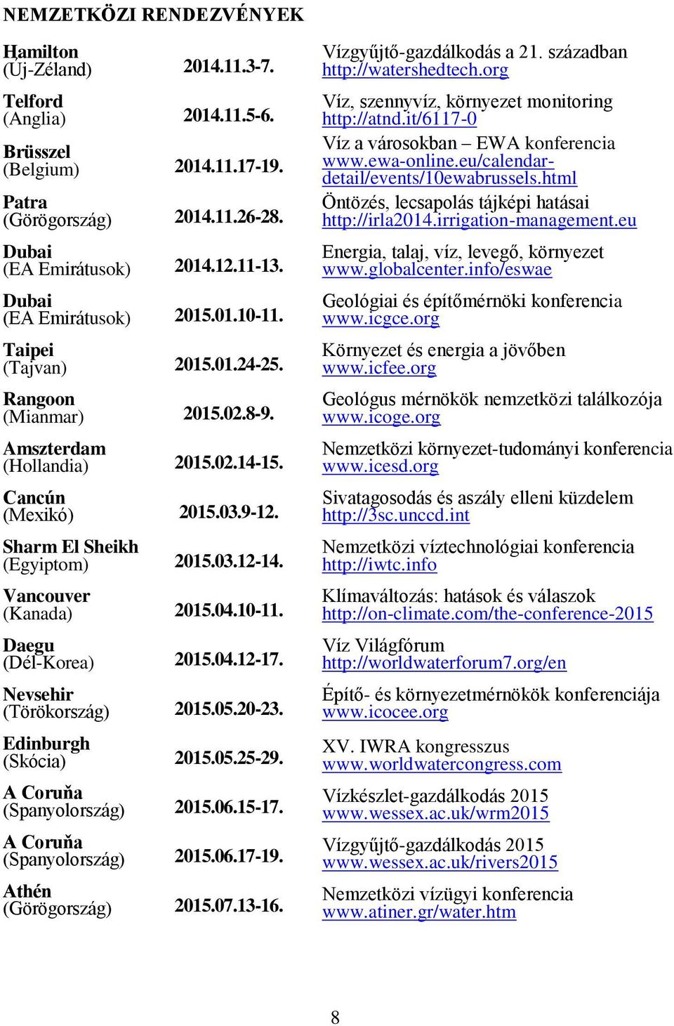 03.12-14. Vancouver (Kanada) 2015.04.10-11. Daegu (Dél-Korea) 2015.04.12-17. Nevsehir (Törökország) 2015.05.20-23. Edinburgh (Skócia) 2015.05.25-29. A Coruňa (Spanyolország) 2015.06.15-17.