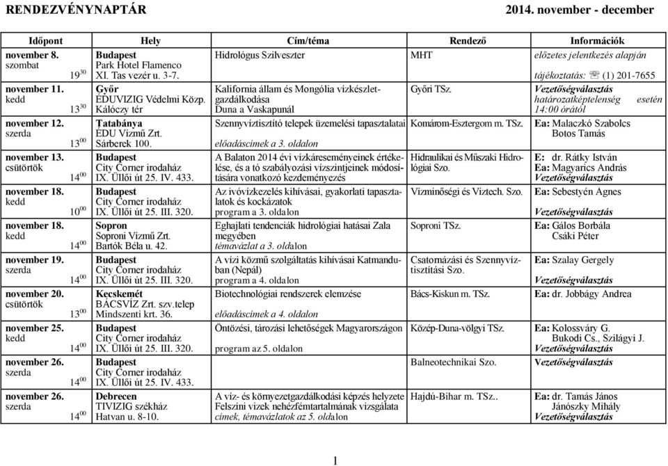 kedd november 26. szerda november 26. szerda Győr ÉDUVIZIG Védelmi Közp. 13 30 Kálóczy tér Tatabánya ÉDU Vízmű Zrt. 13 00 Sárberek 100. Budapest City Corner irodaház 14 00 IX. Üllői út 25. IV. 433.