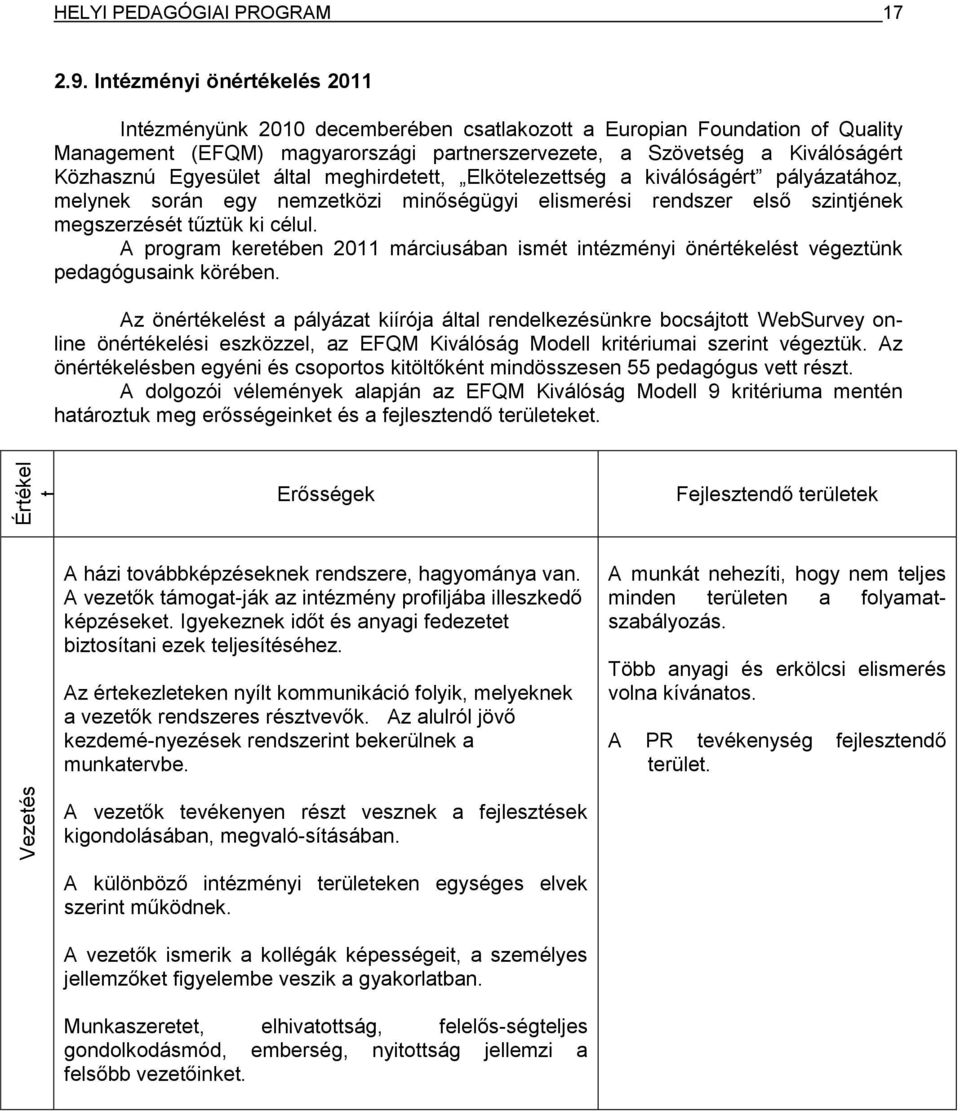 Egyesület által meghirdetett, Elkötelezettség a kiválóságért pályázatához, melynek során egy nemzetközi minőségügyi elismerési rendszer első szintjének megszerzését tűztük ki célul.