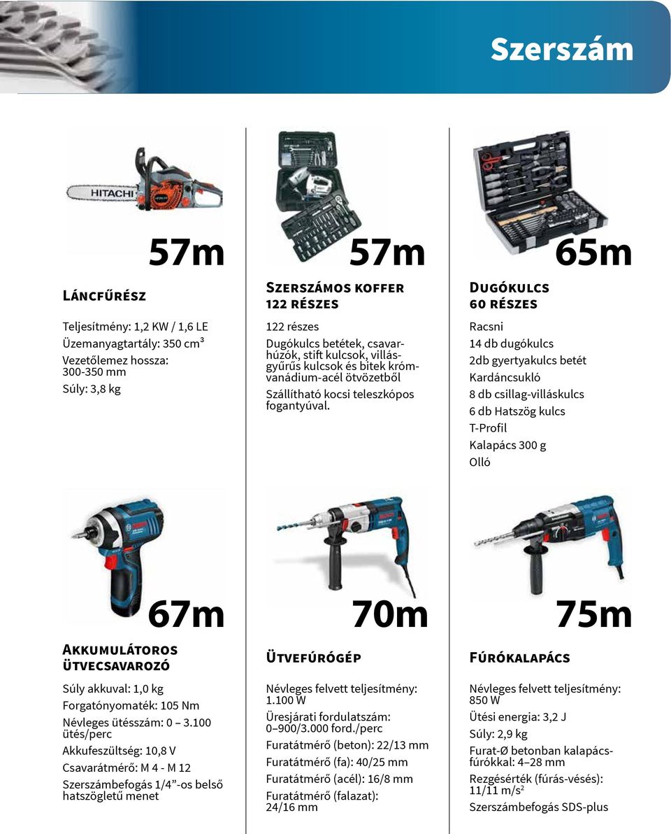 Dugókulcs 60 részes Racsni 14 db dugókulcs 2db gyertyakulcs betét Kardáncsukló 8 db csillag-villáskulcs 6 db Hatszög kulcs T-Profil Kalapács 300 g Olló 65m Akkumulátoros ütvecsavarozó 67m Súly