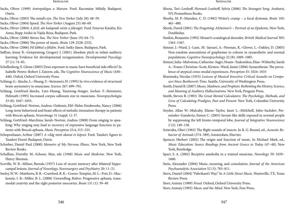 Sacks, Oliver (2006) Stereo Sue. The New Yorker (June 19): 64 73. Sacks, Oliver (2006) The power of music. Brain 129: 2528 2532. Sacks, Oliver (2006) Fél lábbal a földön. Ford. Széky János.