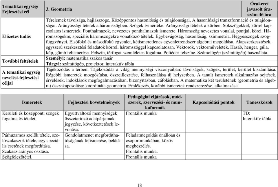 Sokszögekkel, körrel kapcsolatos ismeretek. Ponthalmazok, nevezetes ponthalmazok ismerete. Háromszög nevezetes vonalai, pontjai, körei. Háromszögekre, speciális háromszögekre vonatkozó tételek.