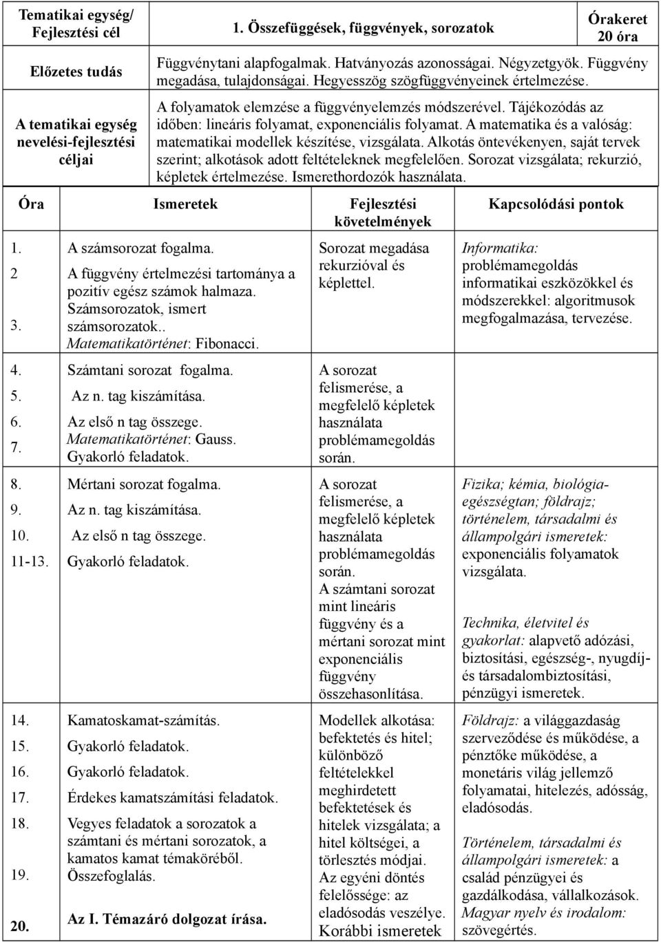 Tájékozódás az időben: lineáris folyamat, exponenciális folyamat. A matematika és a valóság: matematikai modellek készítése, vizsgálata.