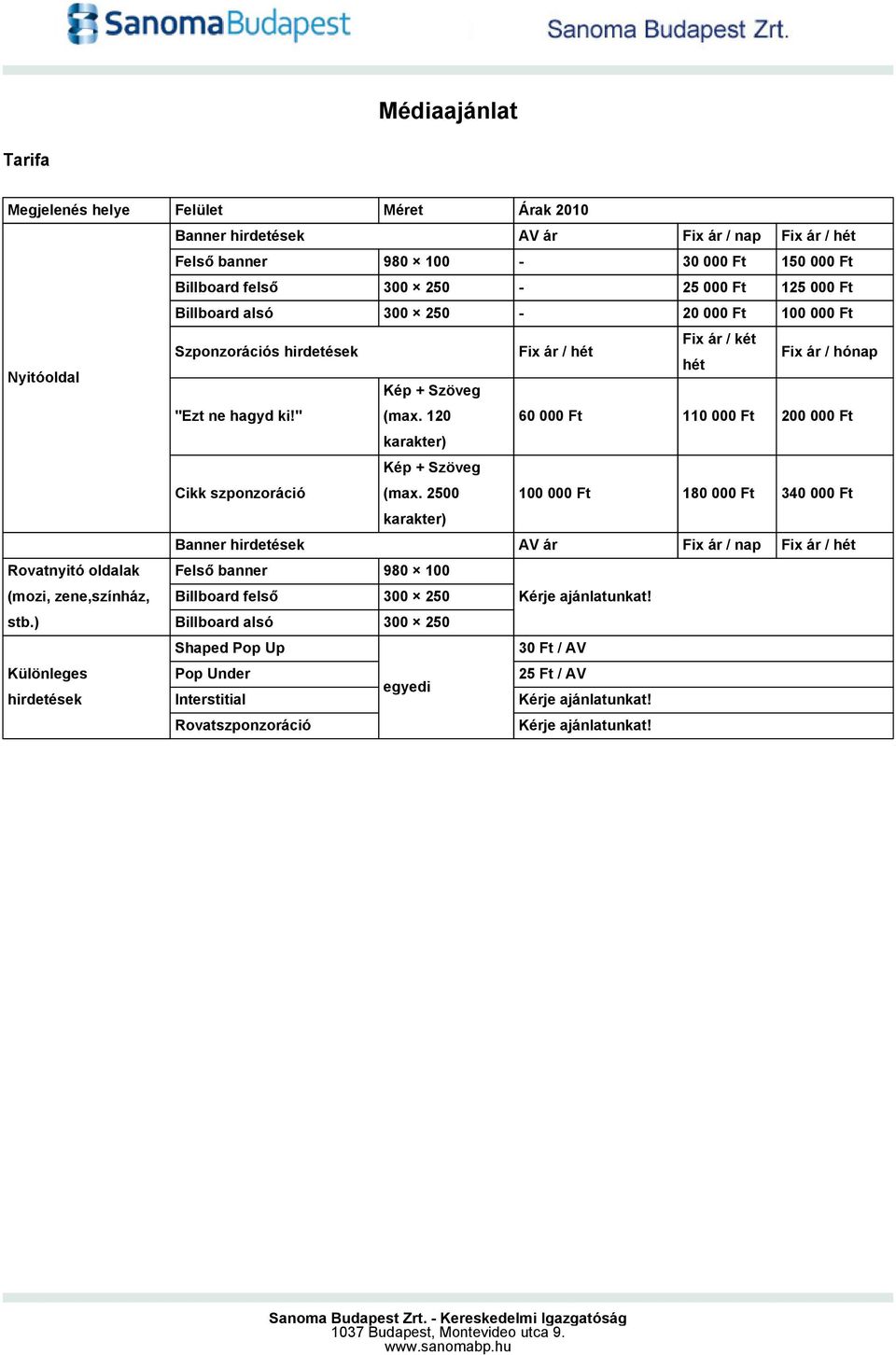 120 60 000 Ft 110 000 Ft 200 000 Ft 100 000 Ft 180 000 Ft 340 000 Ft AV ár Fix ár / nap Fix ár / hét karakter) Kép + Szöveg Cikk szponzoráció (max.