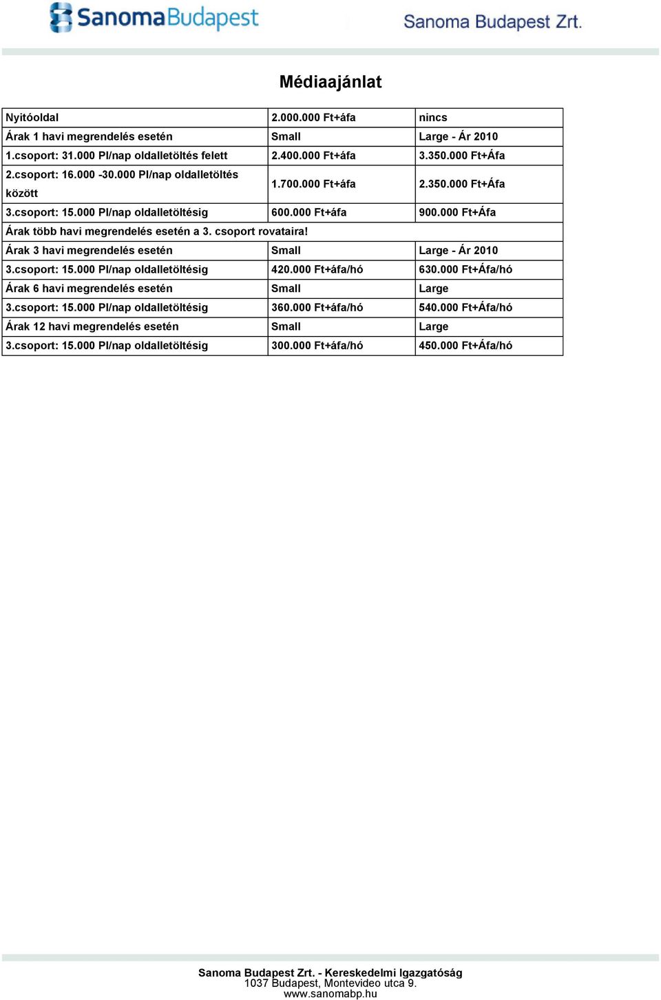 Árak 3 havi megrendelés esetén Small Large Ár 2010 3.csoport: 15.000 PI/nap oldalletöltésig 420.000 Ft+áfa/hó 630.000 Ft+Áfa/hó Árak 6 havi megrendelés esetén Small Large 3.csoport: 15.000 PI/nap oldalletöltésig 360.