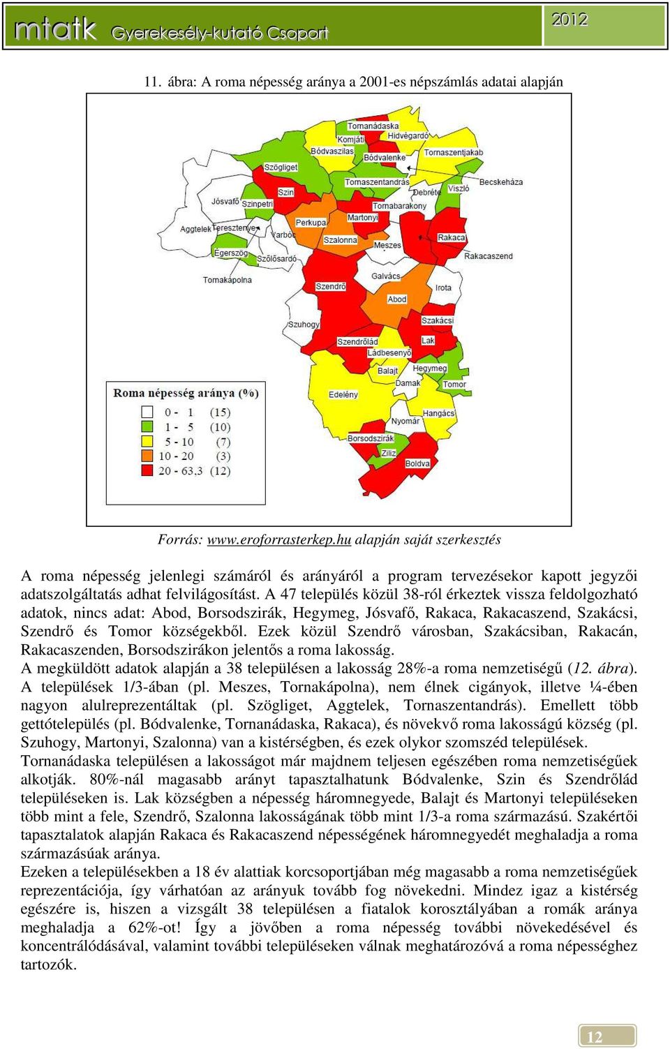 A 47 település közül 38-ról érkeztek vissza feldolgozható adatok, nincs adat: Abod, Borsodszirák, Hegymeg, Jósvafő, Rakaca, Rakacaszend, Szakácsi, Szendrő és Tomor községekből.