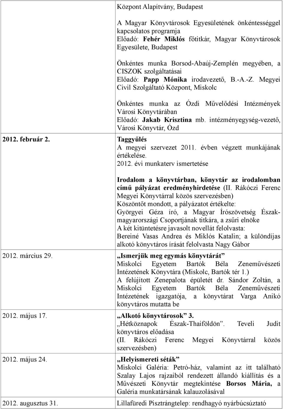 intézményegység-vezető, Városi Könyvtár, Ózd 2012. február 2. Taggyűlés A megyei szervezet 2011. évben végzett munkájának értékelése. 2012. évi munkaterv ismertetése Irodalom a könyvtárban, könyvtár az irodalomban című pályázat eredményhirdetése (II.