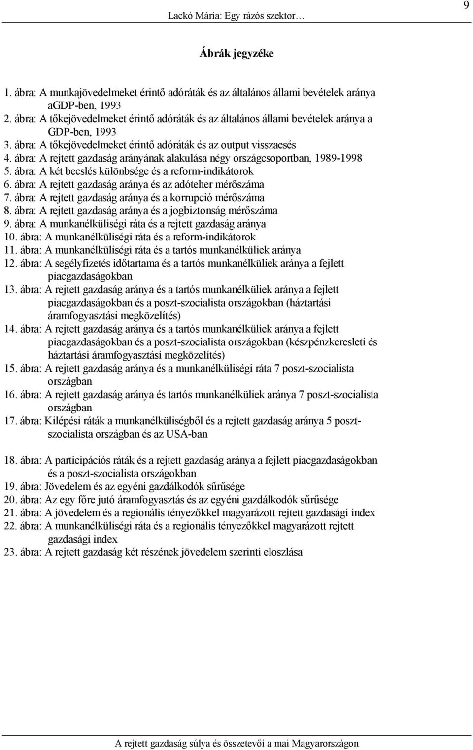 ábra: A rejtett gazdaság arányának alakulása négy országcsoportban, 1989-1998 5. ábra: A két becslés különbsége és a reform-indikátorok 6. ábra: A rejtett gazdaság aránya és az adóteher mérőszáma 7.