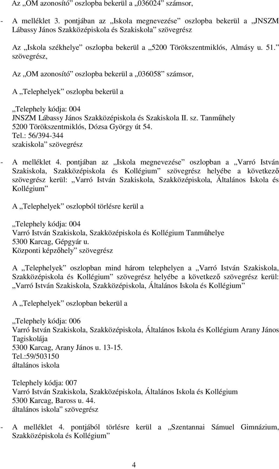 szövegrész, Az OM azonosító oszlopba bekerül a 036058 számsor, A Telephelyek oszlopba bekerül a Telephely kódja: 004 JNSZM Lábassy János Szakközépiskola és Szakiskola II. sz. Tanműhely 5200 Törökszentmiklós, Dózsa György út 54.