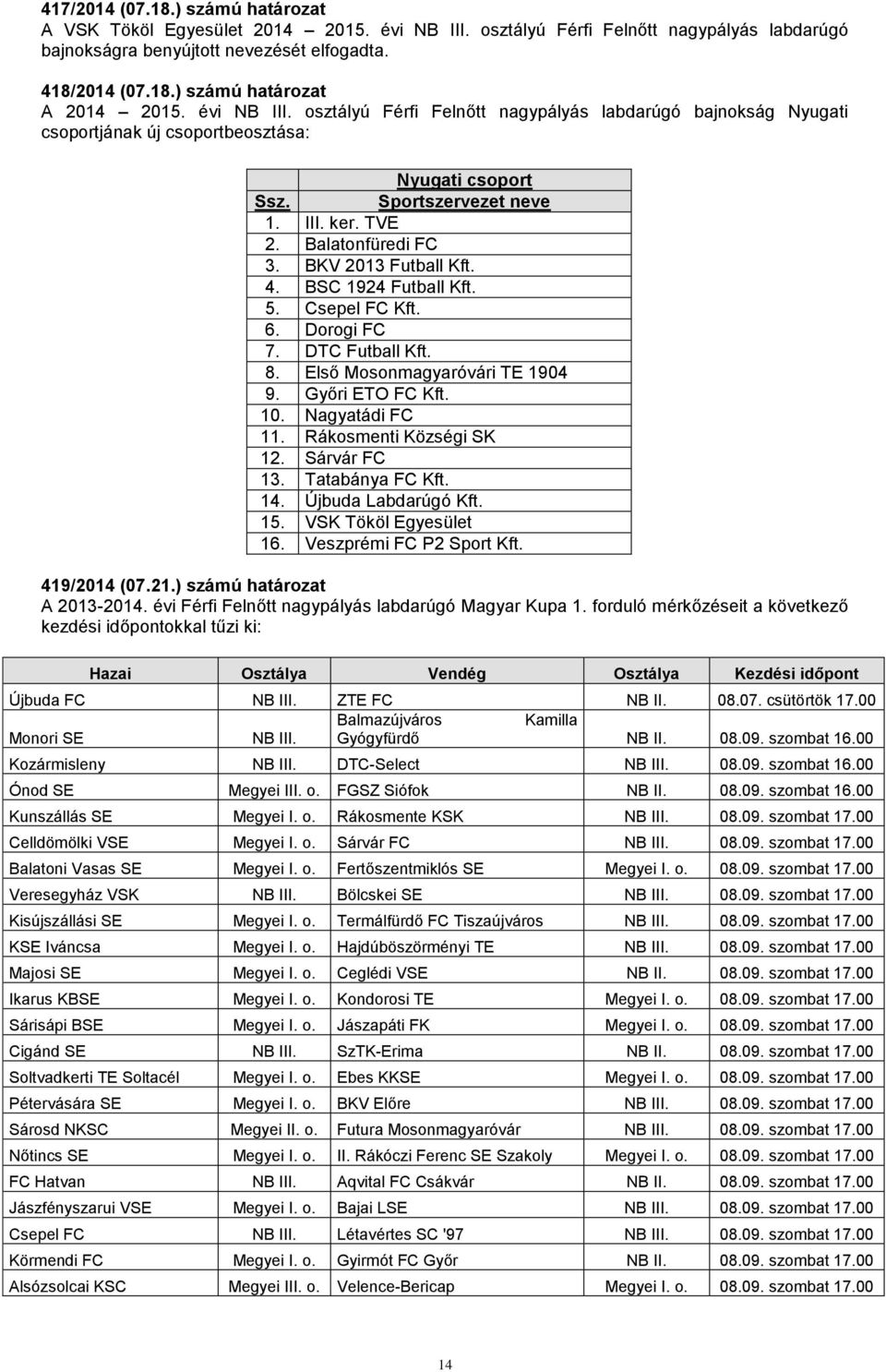 BKV 2013 Futball Kft. 4. BSC 1924 Futball Kft. 5. Csepel FC Kft. 6. Dorogi FC 7. DTC Futball Kft. 8. Első Mosonmagyaróvári TE 1904 9. Győri ETO FC Kft. 10. Nagyatádi FC 11. Rákosmenti Községi SK 12.