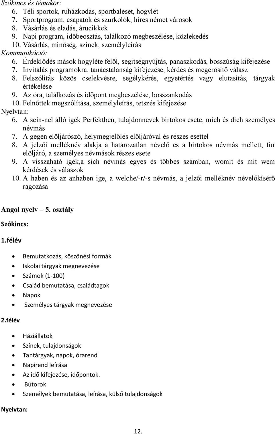 Érdeklődés mások hogyléte felől, segítségnyújtás, panaszkodás, bosszúság kifejezése 7. Invitálás programokra, tanácstalanság kifejezése, kérdés és megerősítő válasz 8.