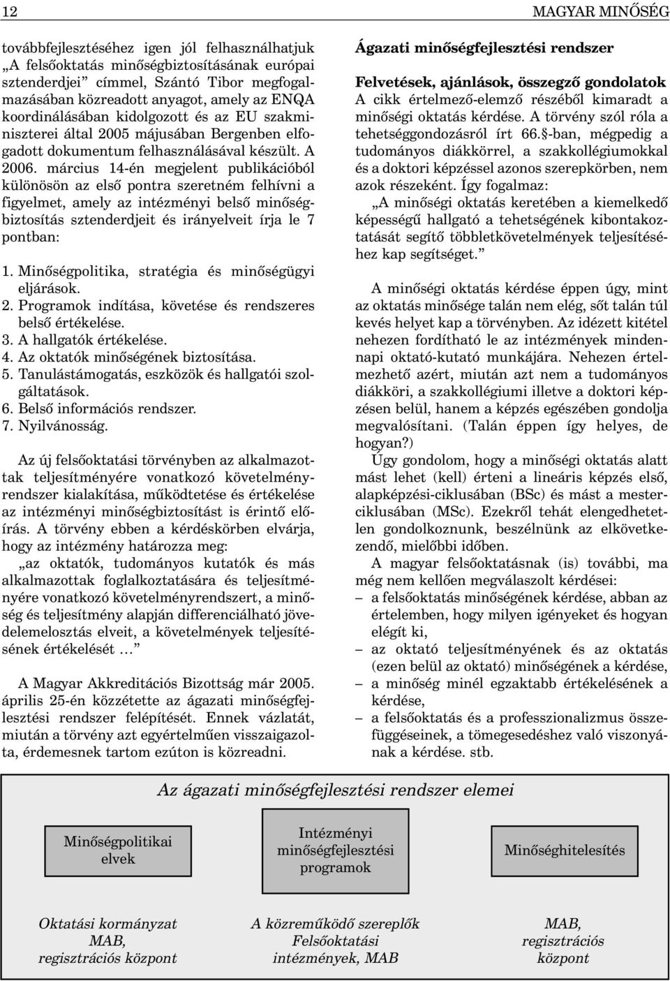 március 14-én megjelent publikációból különösön az elsõ pontra szeretném felhívni a figyelmet, amely az intézményi belsõ minõségbiztosítás sztenderdjeit és irányelveit írja le 7 pontban: 1.