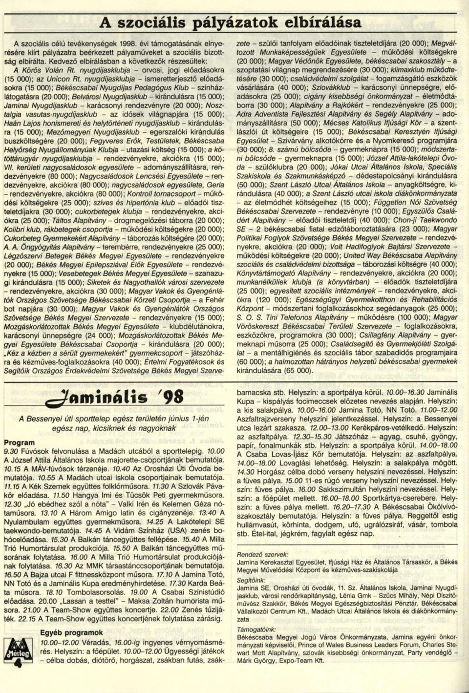 nyugdíjasklubja - ismeretterjesztő előadásokra (5 000); Békéscsabai Nyugdíjas Pedagógus Klub - színházlátogatásra (20 000); Belvárosi Nyugdíjasklub - kirándulásra (5 000); Jaminai Nyugdíjasklub -