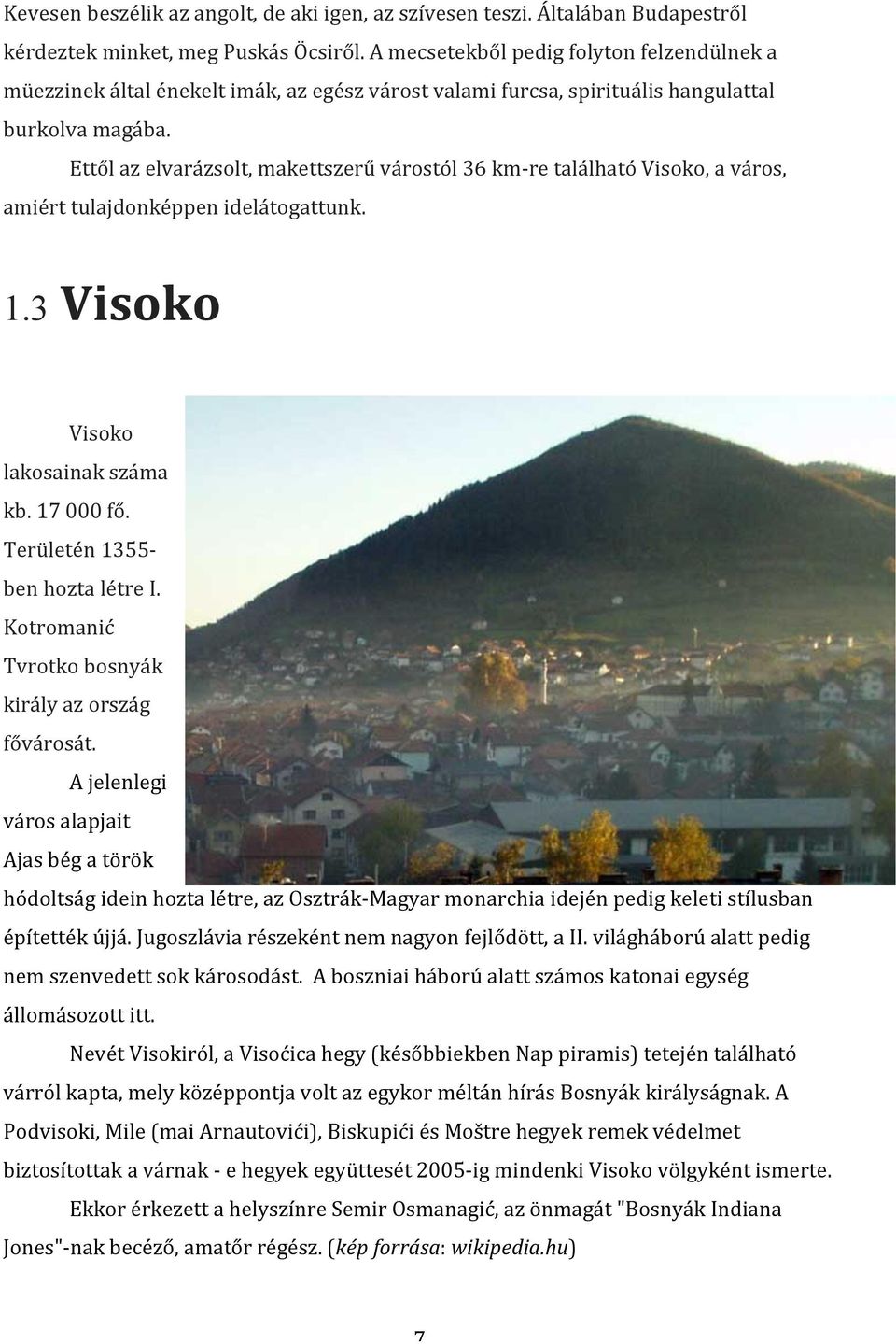 Ettől az elvarázsolt, makettszerű várostól 36 km- re található Visoko, a város, amiért tulajdonképpen idelátogattunk. 1.3 Visoko Visoko lakosainak száma kb. 17 000 fő.