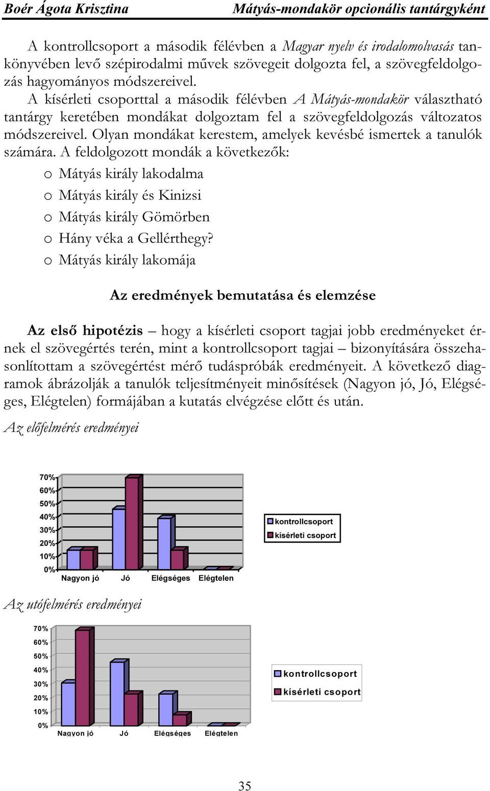 A kísérleti csoporttal a második félévben A Mátyás-mondakör választható tantárgy keretében mondákat dolgoztam fel a szövegfeldolgozás változatos módszereivel.