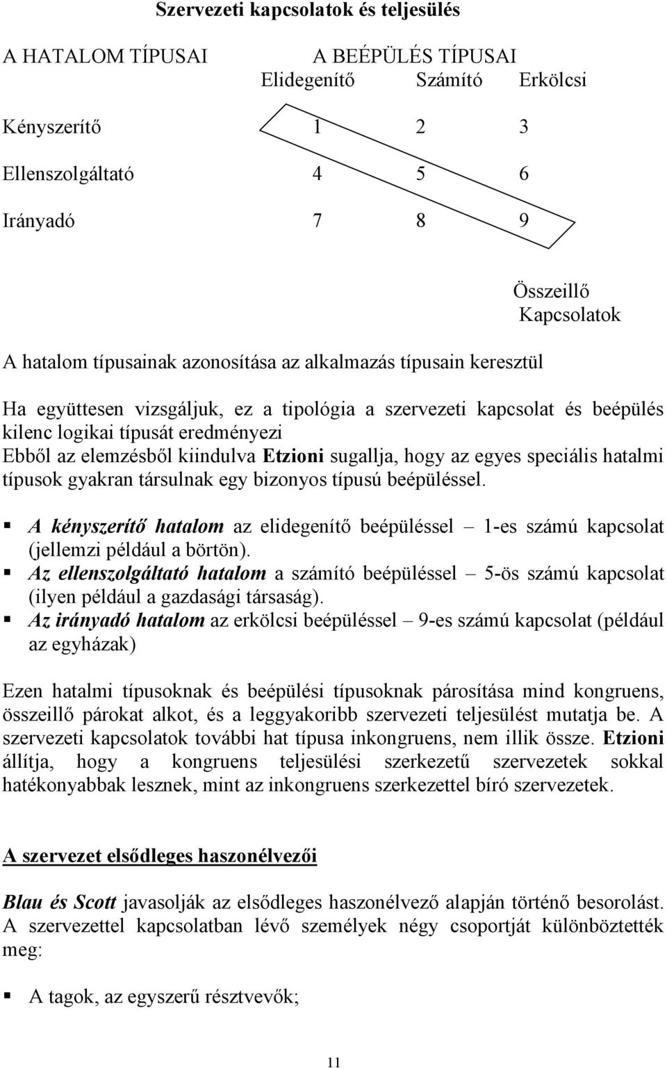 Etzioni sugallja, hogy az egyes speciális hatalmi típusok gyakran társulnak egy bizonyos típusú beépüléssel.