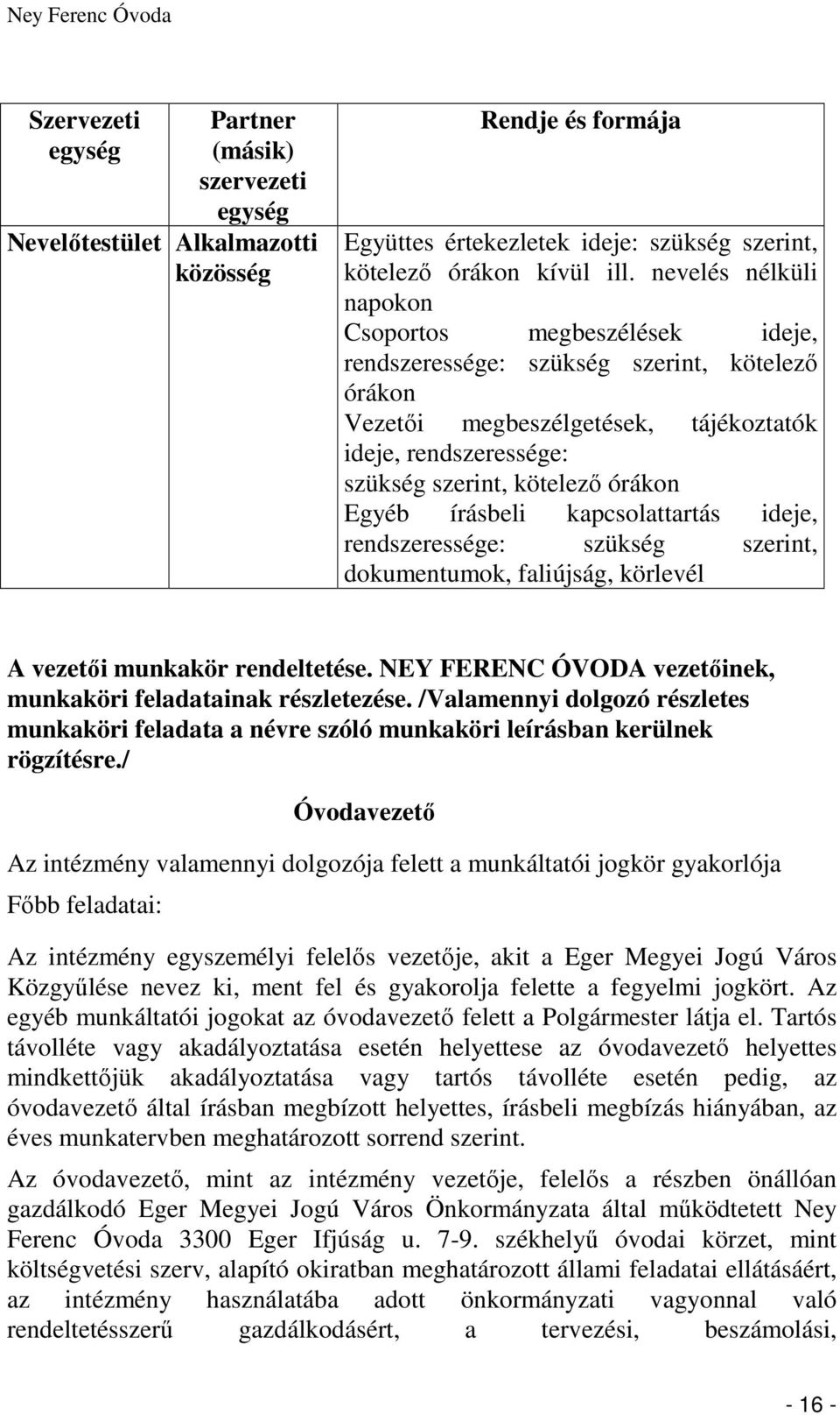 Egyéb írásbeli kapcsolattartás ideje, rendszeressége: szükség szerint, dokumentumok, faliújság, körlevél A vezetői munkakör rendeltetése.