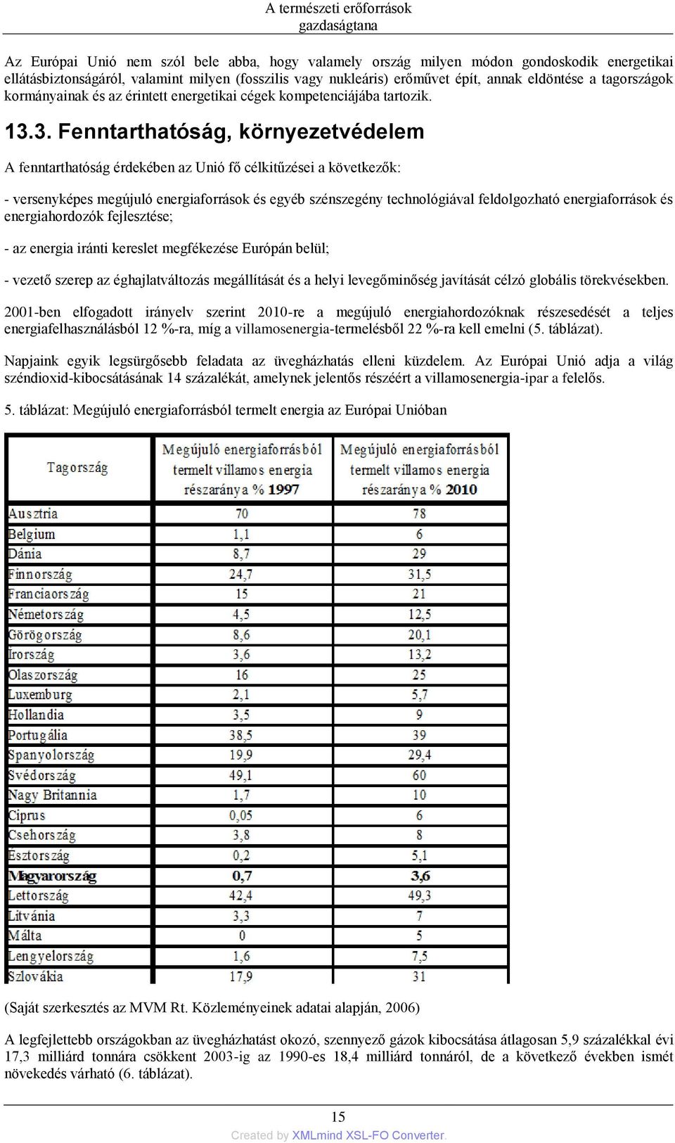 3. Fenntarthatóság, környezetvédelem A fenntarthatóság érdekében az Unió fő célkitűzései a következők: - versenyképes megújuló energiaforrások és egyéb szénszegény technológiával feldolgozható