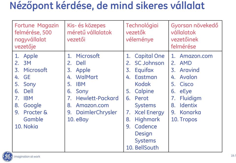 Apple 4. WalMart 5. IBM 6. Sony 7. Hewlett-Packard 8. Amazon.com 9. DaimlerChrysler 10. ebay 1. Capital One 2. SC Johnson 3. Equifax 4. Eastman Kodak 5. Calpine 6.