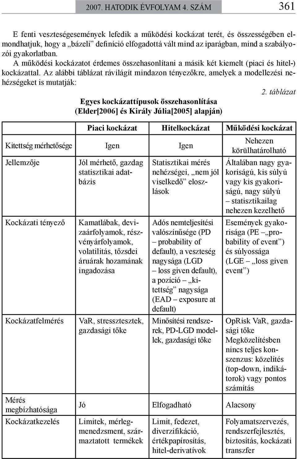 A működési kockázatot érdemes összehasonlítani a másik két kiemelt (piaci és hitel-) kockázattal. Az alábbi táblázat rávilágít mindazon tényezőkre, amelyek a modellezési nehézségeket is mutatják: 2.