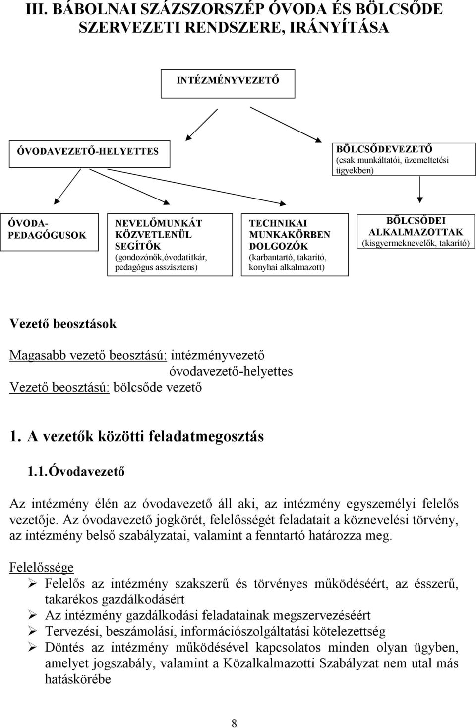 (kisgyermeknevelők, takarító) Vezető beosztások Magasabb vezető beosztású: intézményvezető óvodavezető-helyettes Vezető beosztású: bölcsőde vezető 1.