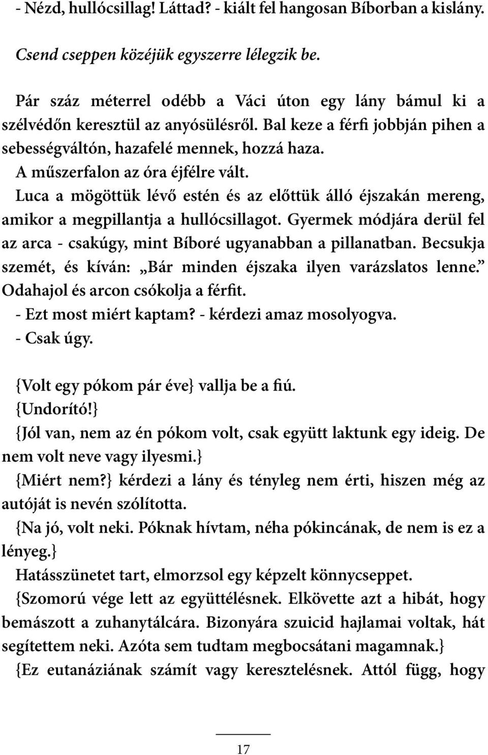 A műszerfalon az óra éjfélre vált. Luca a mögöttük lévő estén és az előttük álló éjszakán mereng, amikor a megpillantja a hullócsillagot.