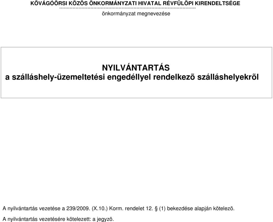 engedéllyel rendelkezõ szálláshelyekrõl A nyilvántartás vezetése a 239/2009. (.