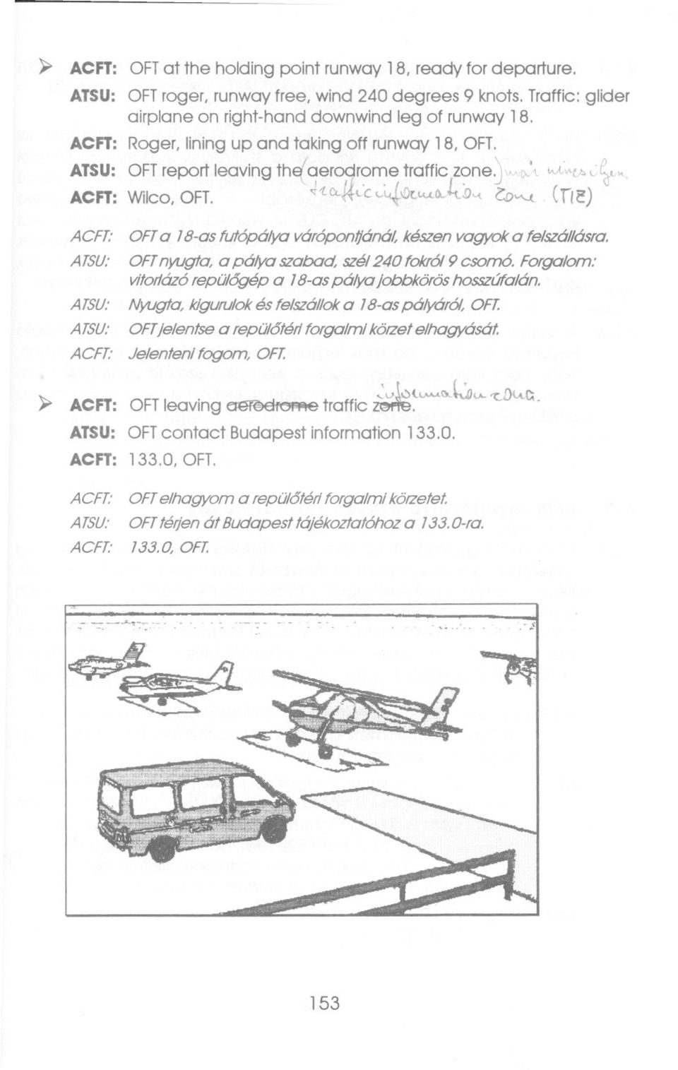 A TSU: OFTnyugta, a pálya szabad, szél 240 fokról 9 csomó. Forgalom: vitorlázórepülogép a 18-aspálya jobbkörös hosszúfalán. ATSU: Nyugta, kjgurulokés felszállok a 18-aspályáról, OFf.