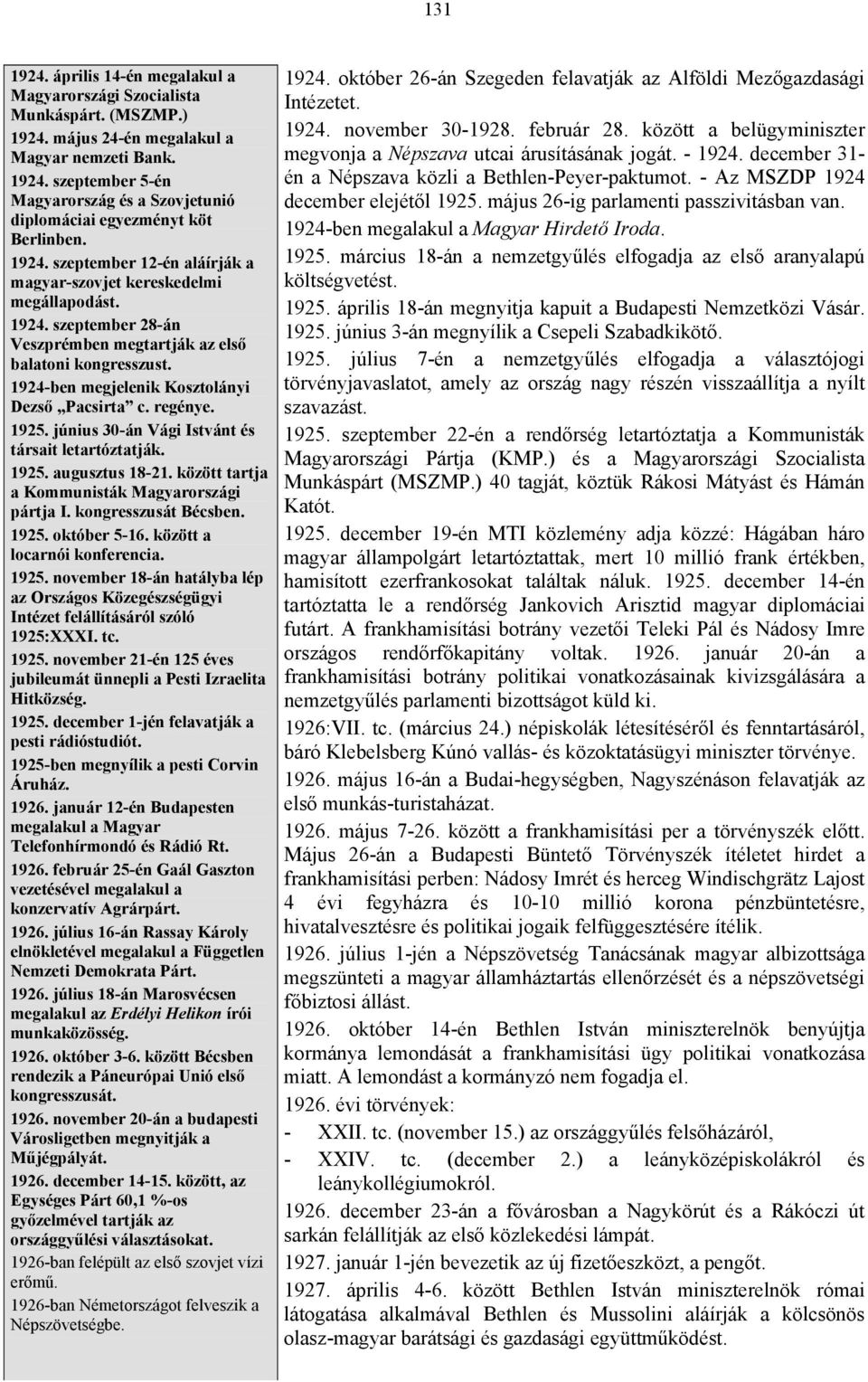 1924-ben megjelenik Kosztolányi Dezső Pacsirta c. regénye. 1925. június 30-án Vági Istvánt és társait letartóztatják. 1925. augusztus 18-21. között tartja a Kommunisták Magyarországi pártja I.