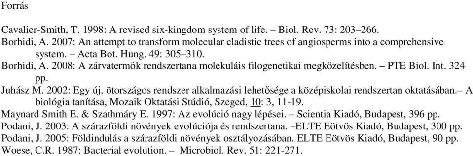 2008: A zárvatermık rendszertana molekuláis filogenetikai megközelítésben. PTE Biol. Int. 324 pp. Juhász M.