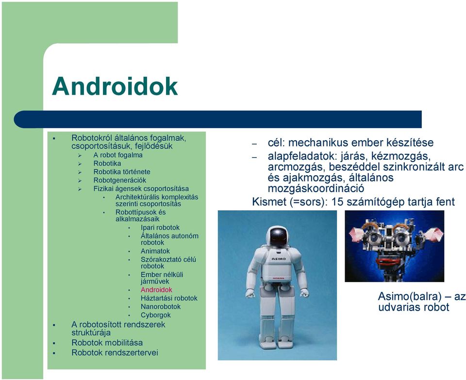 járművek Androidok Háztartási Nano Cyborgok cél: mechanikus ember készítése alapfeladatok: járás, kézmozgás, arcmozgás,