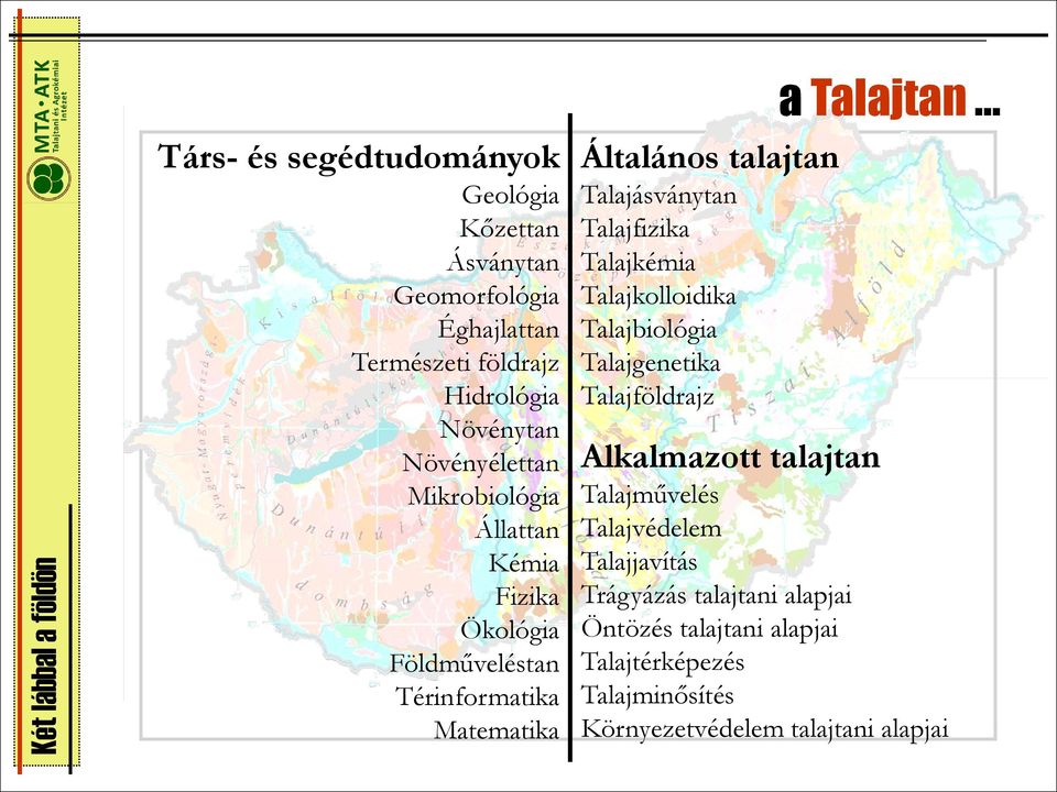 Talajásványtan Talajfizika Talajkémia Talajkolloidika Talajbiológia Talajgenetika Talajföldrajz a Talajtan Alkalmazott talajtan