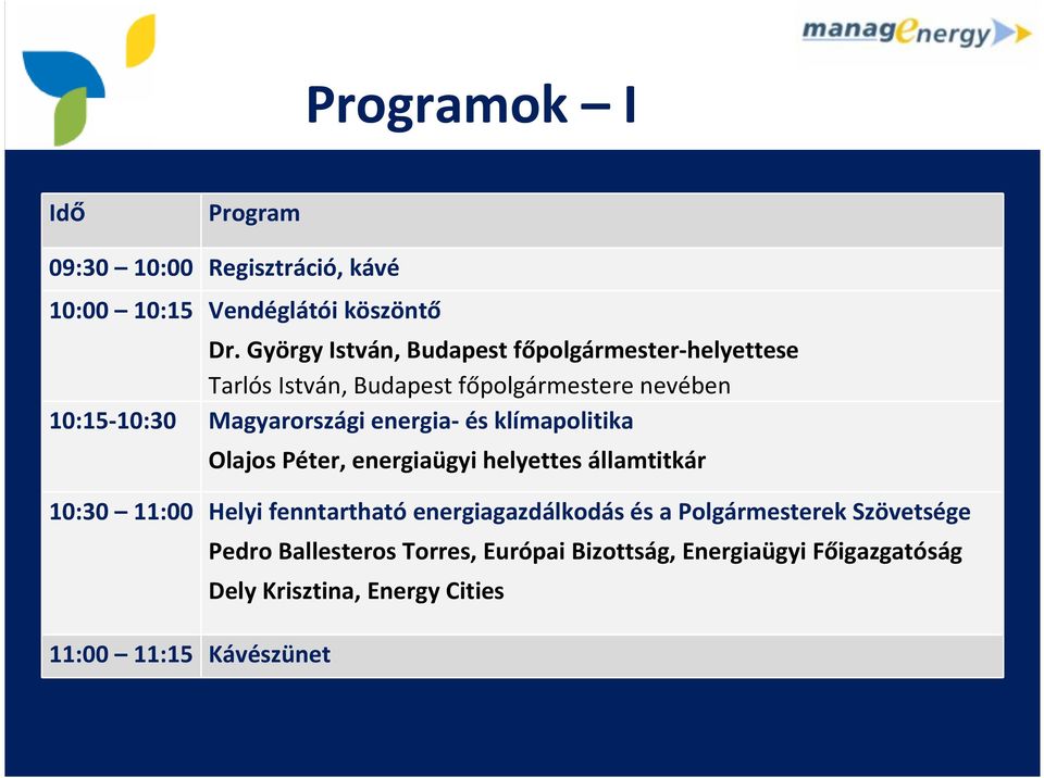 energia- és klímapolitika Olajos Péter, energiaügyi helyettes államtitkár 10:30 11:00 Helyi fenntartható energiagazdálkodás